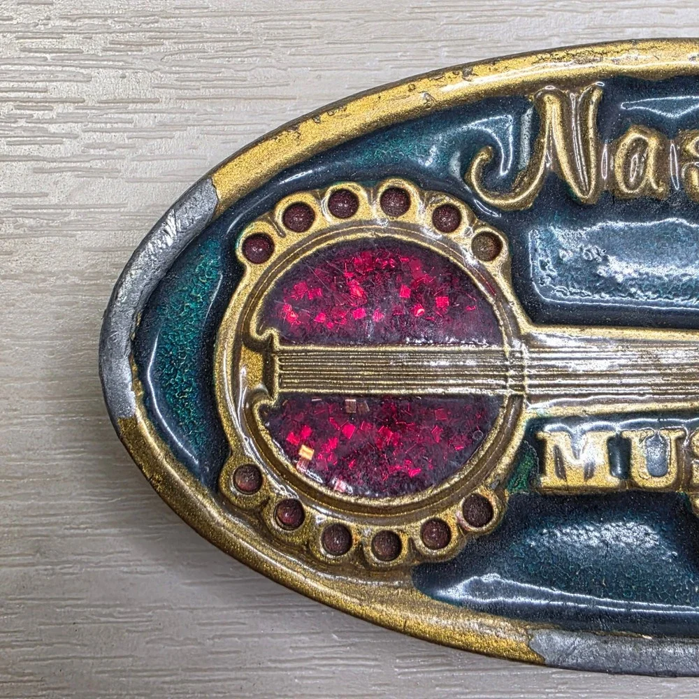 Vintage Nashville TN Music City USA Banjo Belt Buckle Red Glitter Gold Tone Oval